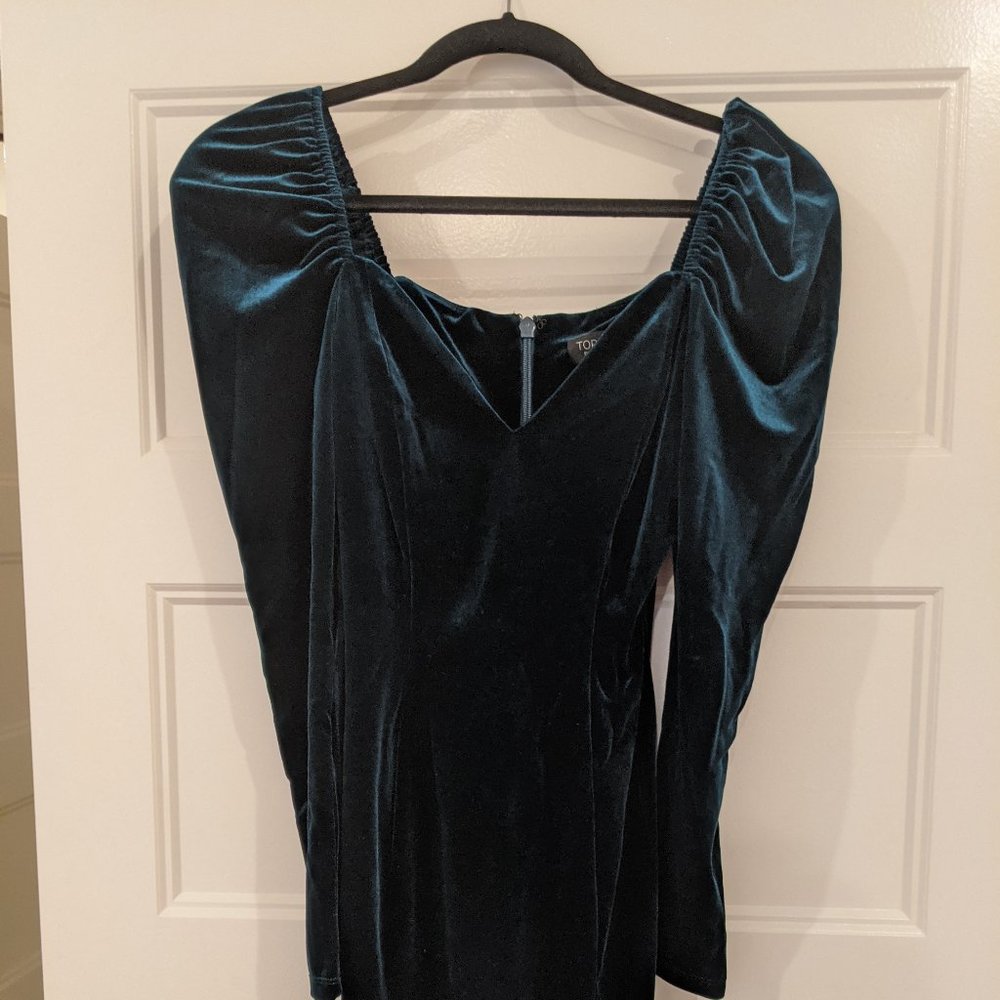 Top Shop - Teal Velvet Puffy Sleeved Dress